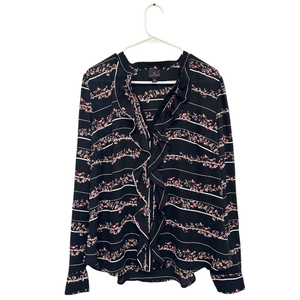 Worthington Black Button Down Blouse with Pink Floral/Bird  Design Size XL